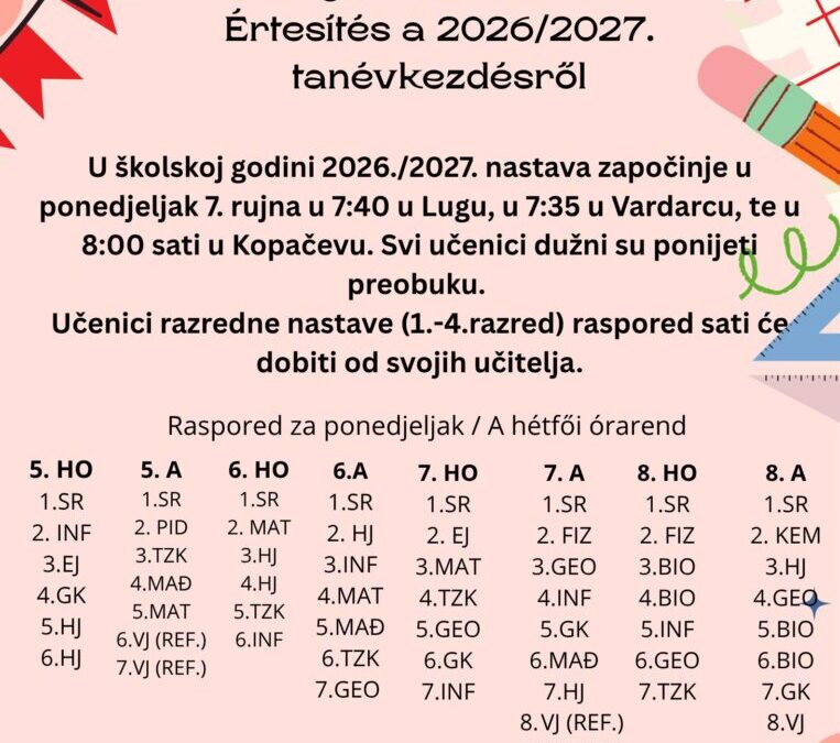 Obavijest o početku nastave – Értesítés a tanévkezdésről